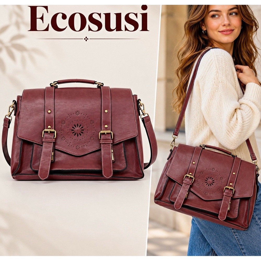 Ecosusi Vegan Leather Brown Perforated Floral Satchel Messenger Laptop Briefcase